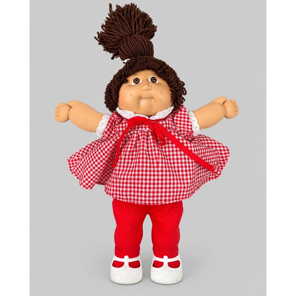 Vintage 1982 Cabbage Patch Kids Doll Coleco Gingham Red Pants Brown Hair 15"